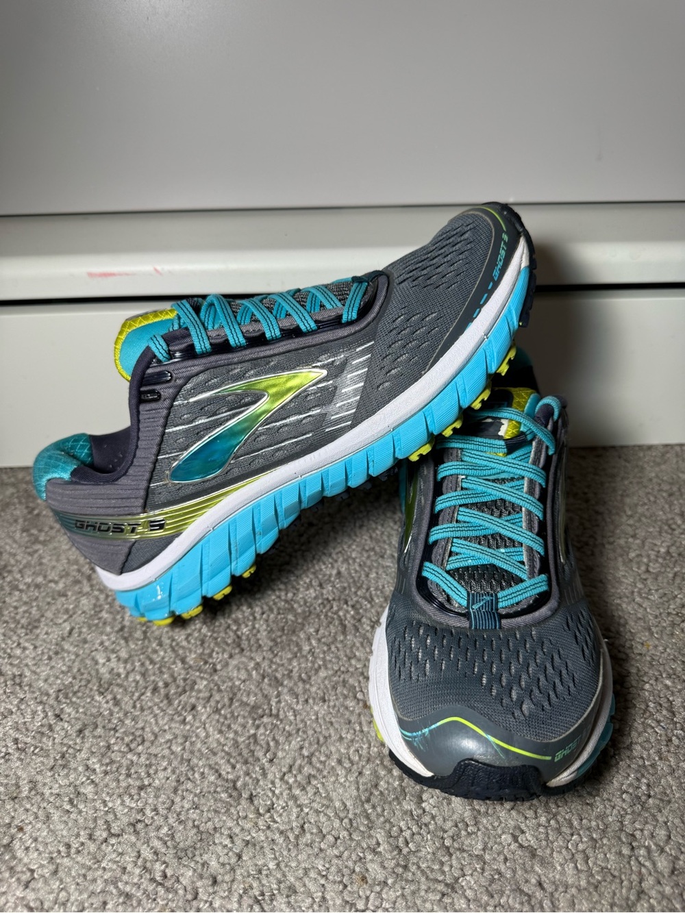 Brooks Woman’s Running Shoes — Gray with Teal and Lime Accents
